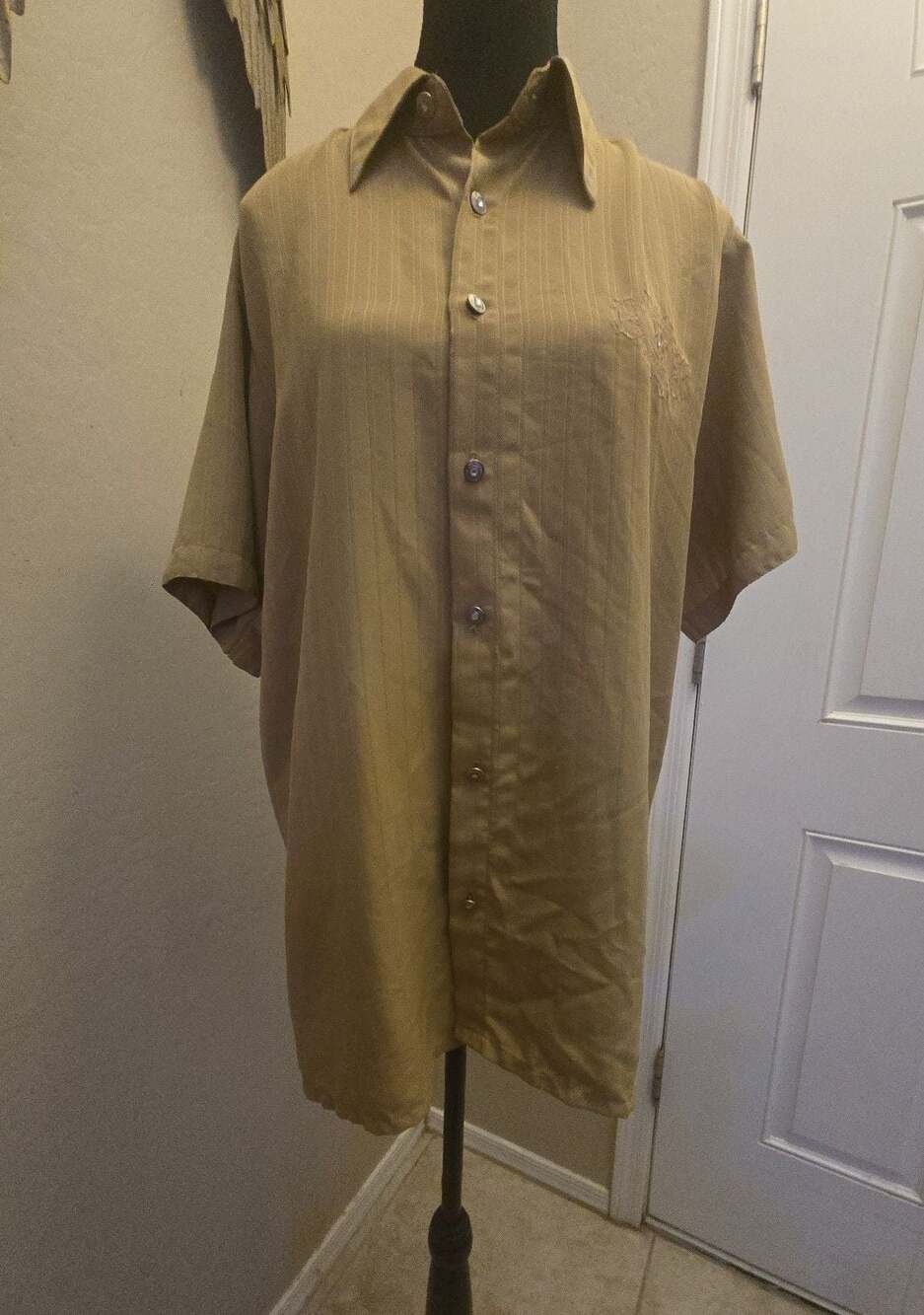 Platini Jeans Cougar Men's Khaki Embroidered Striped Short Sleeve Button Up Shir